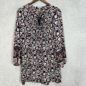 Fleur Bleue Shift Dress Womens 4 Blue Floral Long Sleeve V neck Boho Cottagecore